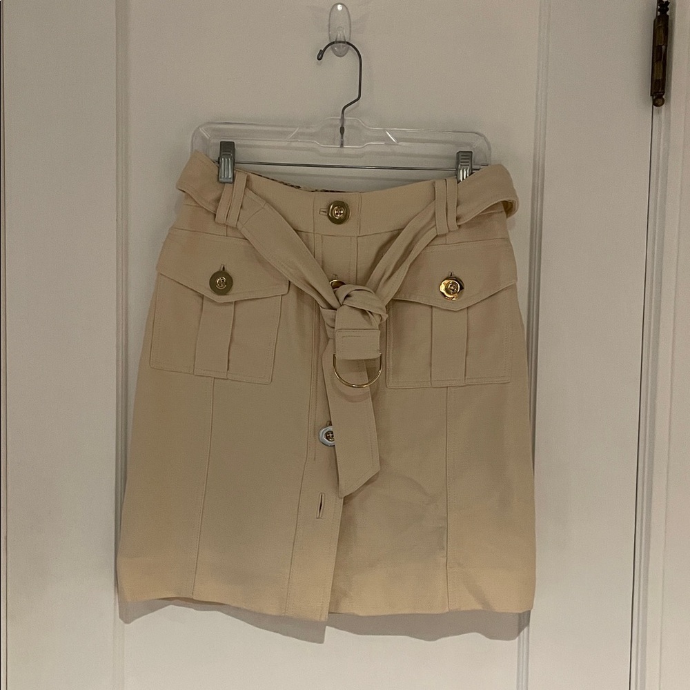 Etcetera Beige and Tan Skirt with Gold Button and Belt Details